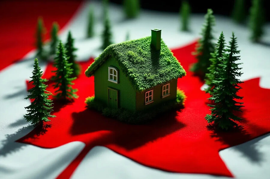 A small green house and pine trees sit on a red maple leaf, symbolizing Canada and hinting at the Greener Homes Loan ending in Ottawa, with a blurred Canadian flag in the background.